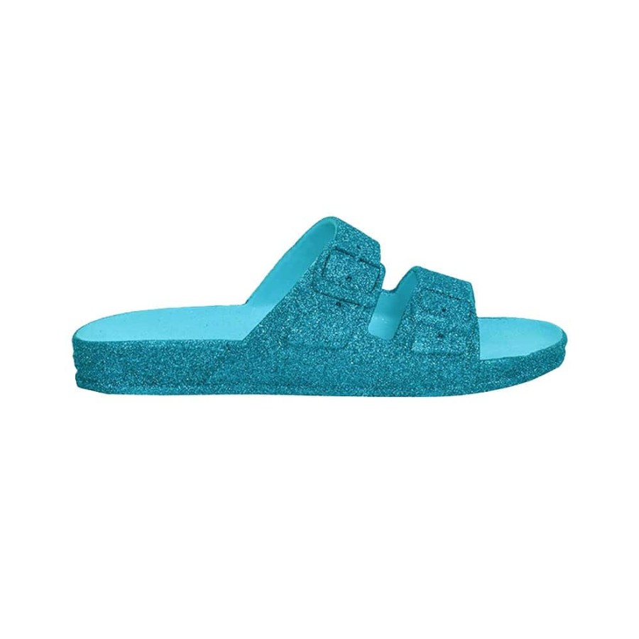 sandale cacatoès turquoise à paillettes vue de profil