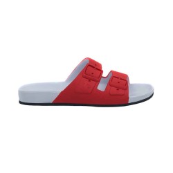 sandale bi colore rouge et bleue cacatoès vue de profil