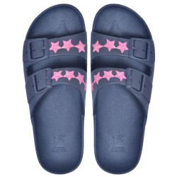 sandales bleu marine étoiles roses cacatoès vue de haut