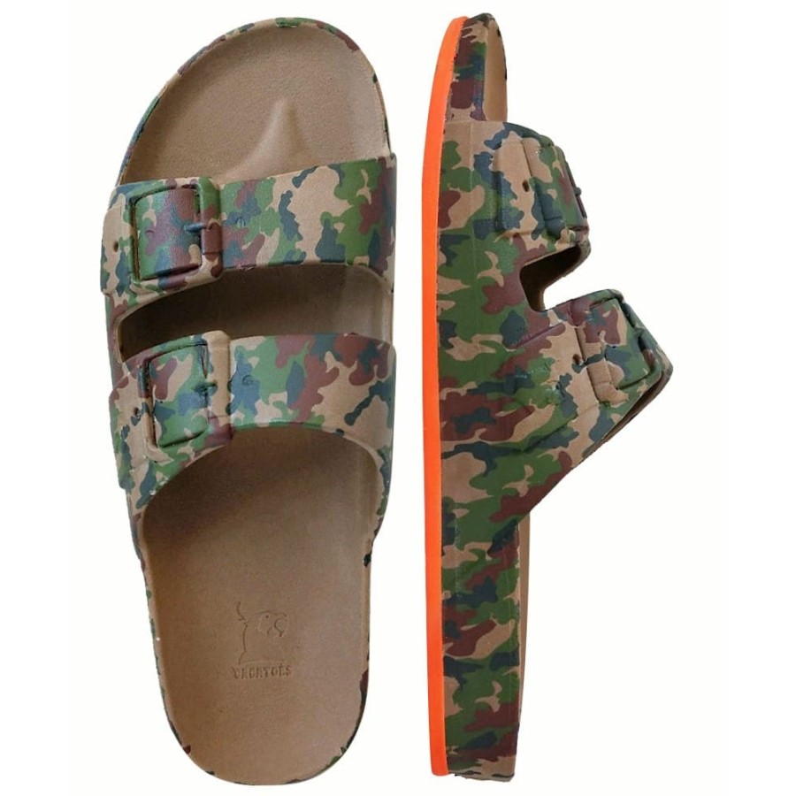 sandales kaki camouflage cacatoès vues de haut
