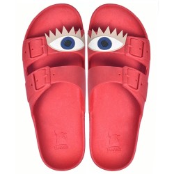 sandales rouges patch œil bleu cacatoès vues de haut femmes