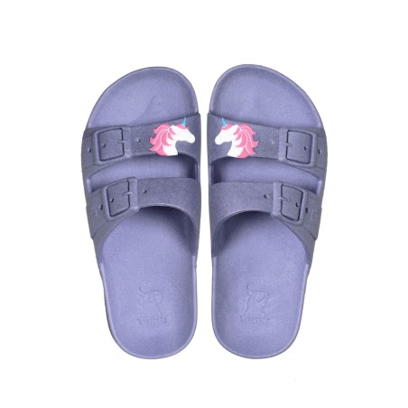sandales violettes licorne cacatoès vues de haut enfants