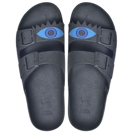 sandales noires patch oeil bleu vues de haut