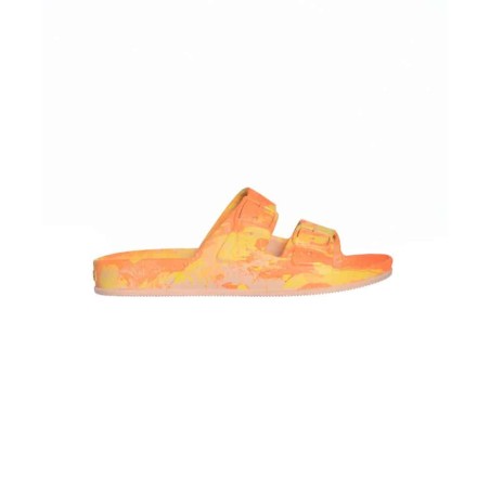 sandale cacatoès orange au motif psychédélique vue de profil