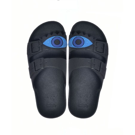 sandales noires patch oeil bleu vues de haut enfants