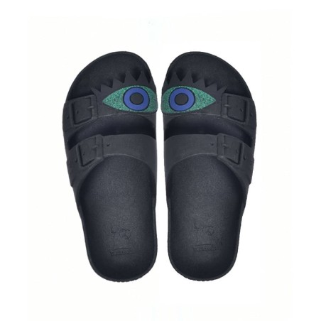 sandales noires patch œil vert cacatoès vues de haut enfants