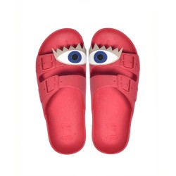 sandales rouges patch œil bleu cacatoès vues de haut enfants