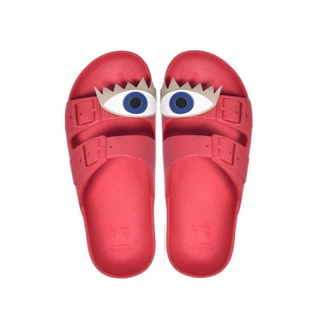 sandales rouges patch œil bleu cacatoès vues de haut enfants