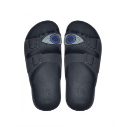 sandales noires patch œil bleu cacatoès vues de haut enfants