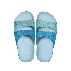 sandales bleues à paillettes cacatoès vues de haut enfants