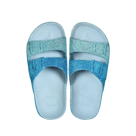 sandales bleues à paillettes cacatoès vues de haut enfants
