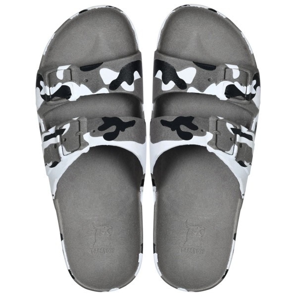 sandales grises cacatoès imprimées militaire vues de haut