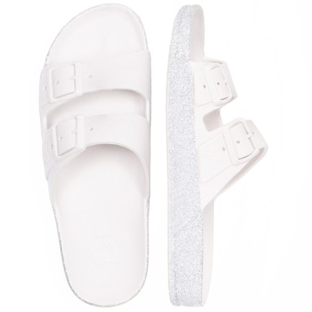 sandales blanches et semelle à paillettes cacatoès vues de haut et profil