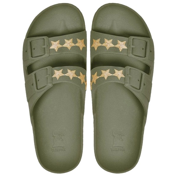 sandales vert kaki étoiles dorées cacatoès vues de haut