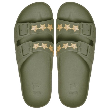 sandales vert kaki étoiles dorées cacatoès vues de haut