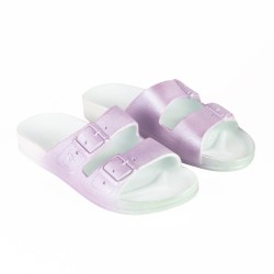 sandales violettes cacatoès vues de trois quarts