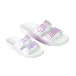 sandales violettes cacatoès vues de trois quarts enfants et adultes