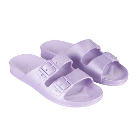 sandales violettes irisées cacatoès vues de trois quart