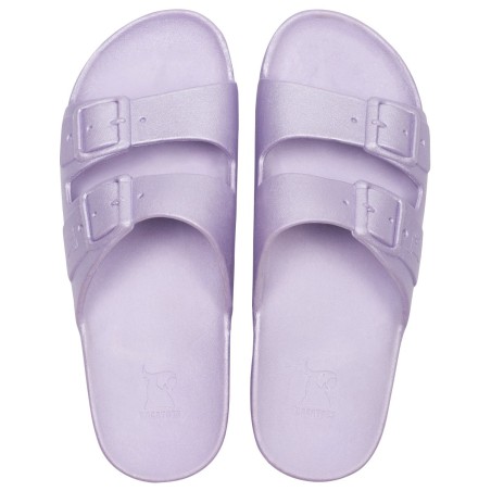 sandales violettes irisées cacatoès vues de haut