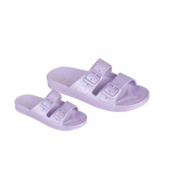 sandales violettes irisées cacatoès vues de trois quart adultes et enfants