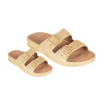 sandales dorées pailletées cacatoès vues de trois quarts adultes et enfants