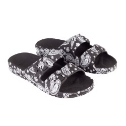 sandales noires motifs imprimés bandana cacatoès vues de trois quarts