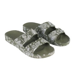 sandales kaki motifs imprimés bandana cacatoès vues de trois quarts