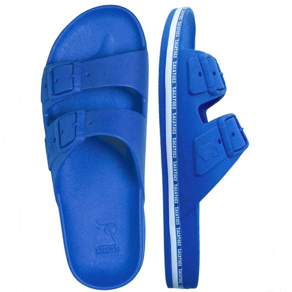 sandales bleues roi avec bande de logos blancs cacatoès vues de haut et profil