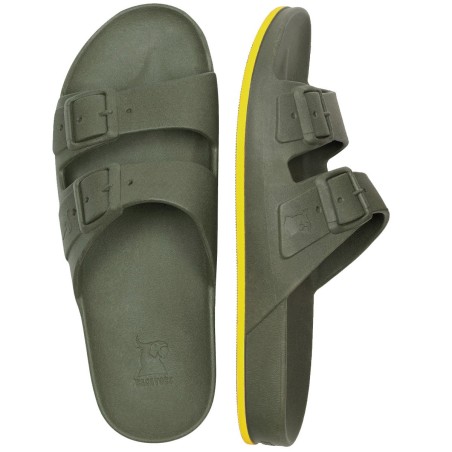 sandales kaki et jaune cacatoès vues de haut et profil