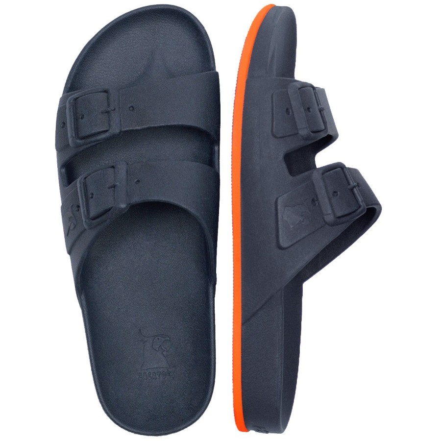 sandales bleu marine et orange cacatoès vues de haut et profil
