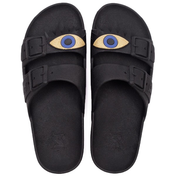 sandales noires avec deux yeux dorés cacatoès vues de haut