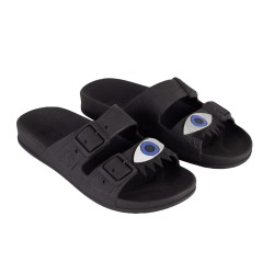 sandales noires avec deux yeux argentés cacatoès vues de trois quarts