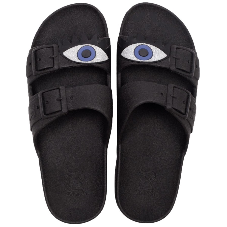 sandales noires avec deux yeux argentés cacatoès vues de haut