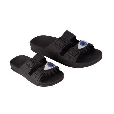 sandales noires avec deux yeux argentés cacatoès vues de trois quarts adultes et enfants