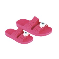 sandales roses avec deux yeux cacatoès vues de trois quarts adultes et enfants