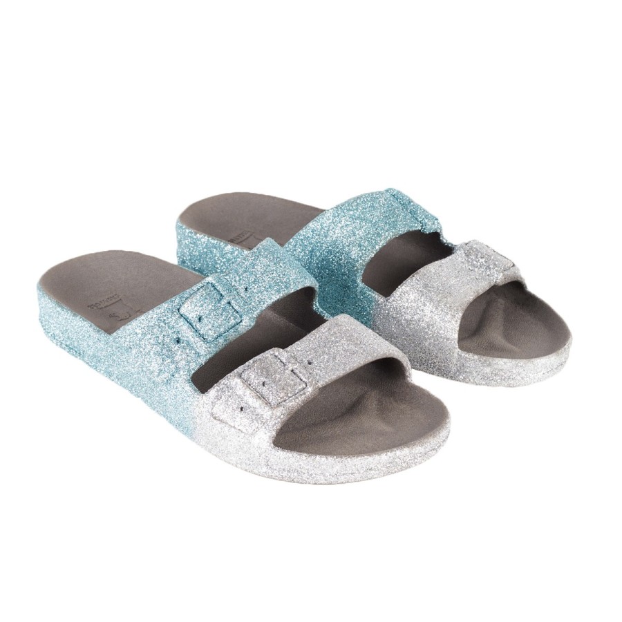 sandales grises et bleues à paillettes cacatoès vues de trois quarts