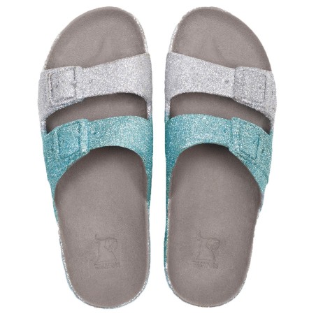 sandales grises et bleues à paillettes cacatoès vues de trois quarts
