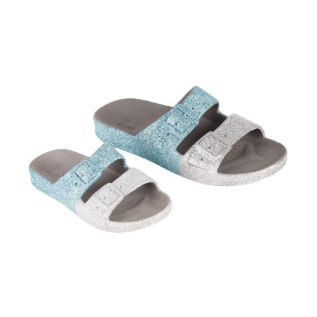sandales grises et bleues à paillettes cacatoès vues de trois quarts adultes et enfants