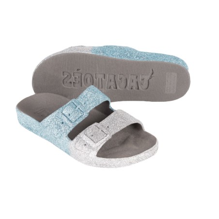 sandales grises et bleues à paillettes cacatoès vues de trois quarts et semelle