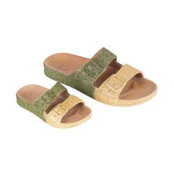 sandales dorées et kaki à paillettes cacatoès vues de trois quarts adultes et enfants