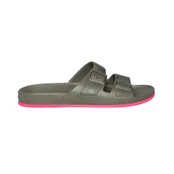 sandale kaki avec semelle rose fluo vue de profil