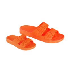 sandale orange fluo cacatoès vue de trois quart adulte et enfant