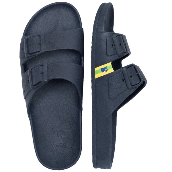 sandale bleue avec drapeau du Brésil cacatoès vue de face
