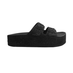 sandale à paillette noire compensée femme vue de profil