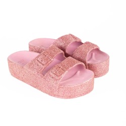 sandale à paillette rose compensée femme vue de trois quart