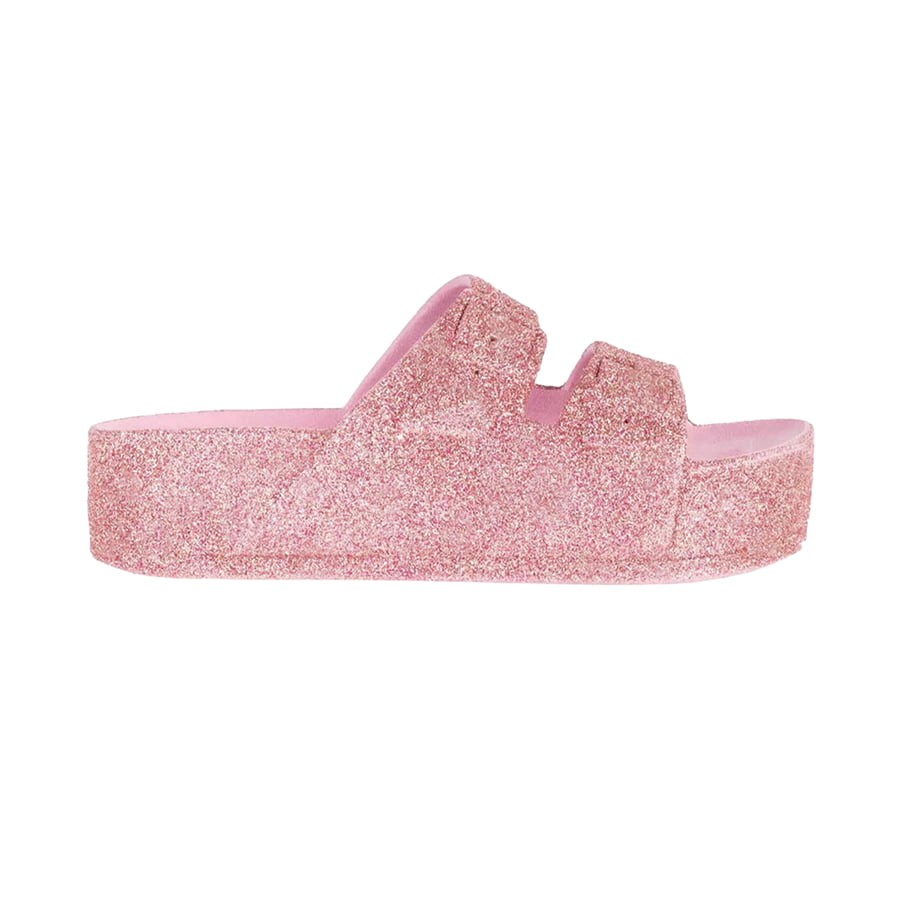 sandale à paillette rose compensée femme vue de profil