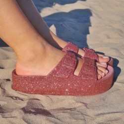 sandale à paillette rose compensée femme portée lifestyle