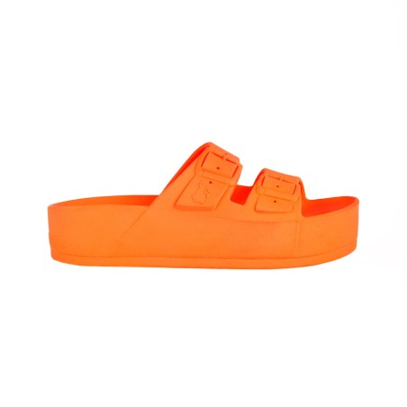sandale compensée orange fluo cacatoès vue de profil