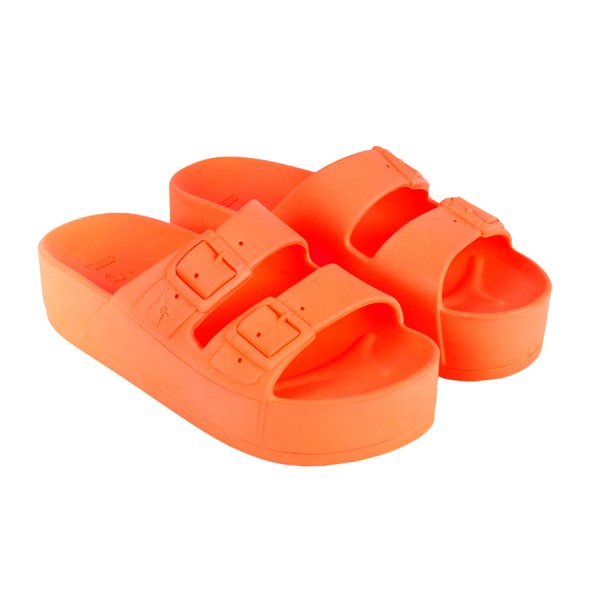 sandale compensée orange fluo cacatoès vue de trois quart