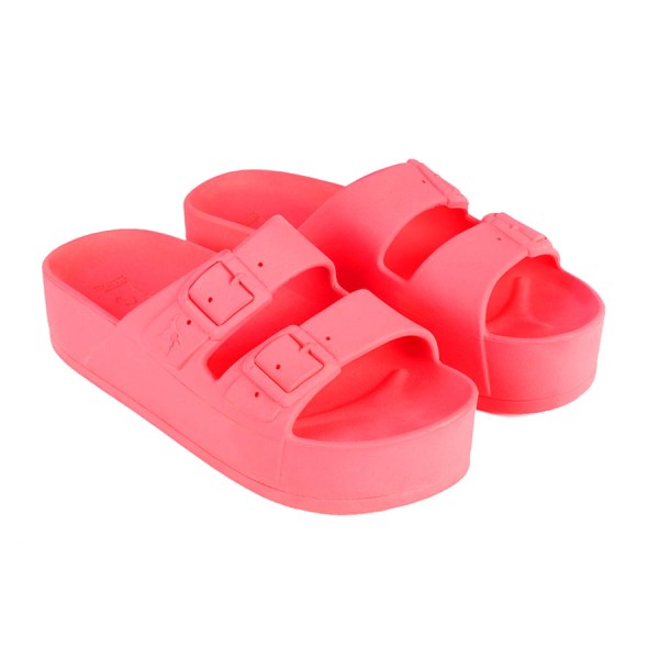 sandale compensée rose fluo cacatoès vue de trois quart